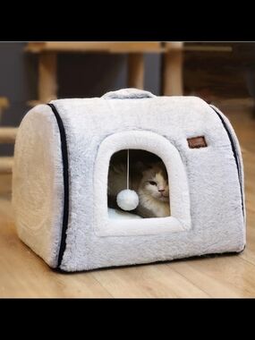 Cozy Plush Cat Cave Bed - Light Gray